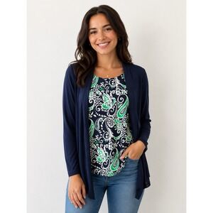 Alfred Dunner green and white paisley top with a navy blue Cardigan. Size XL